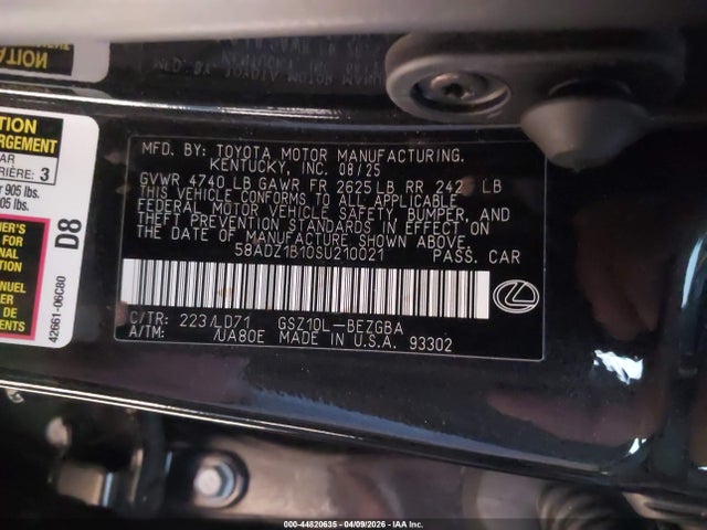 Aukcja sprzedaży 2025 Lexus Es 350, vin: 58ADZ1B10SU210021, numer aukcji: 44820635