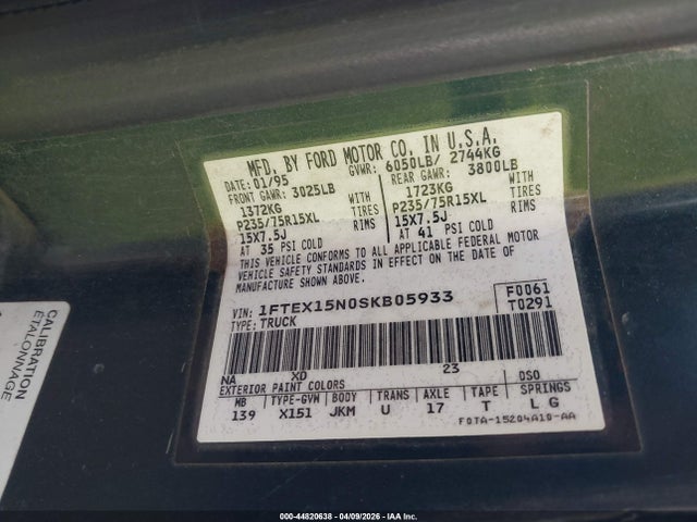 44820638 :رقم المزاد ، 1FTEX15N0SKB05933 vin ، 1995 Ford F150 مزاد بيع