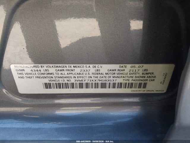 Продаж на аукціоні авто 2007 Volkswagen Jetta Wolfsburg Edition, vin: 3VWEF71KX7M183537, номер лоту: 44820659