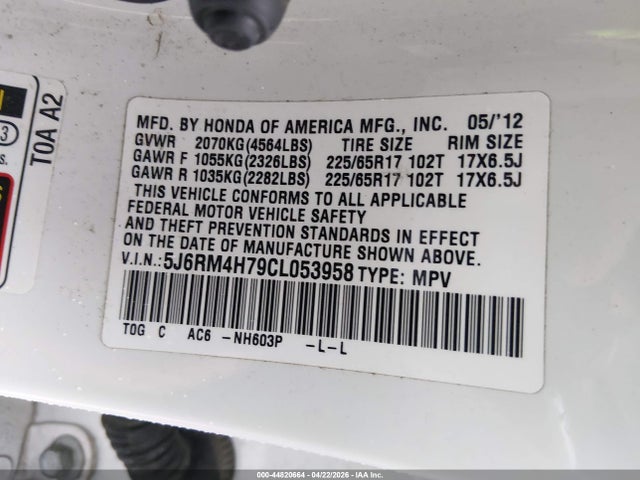 44820664 :رقم المزاد ، 5J6RM4H79CL053958 vin ، 2012 Honda Cr-v Ex-l مزاد بيع