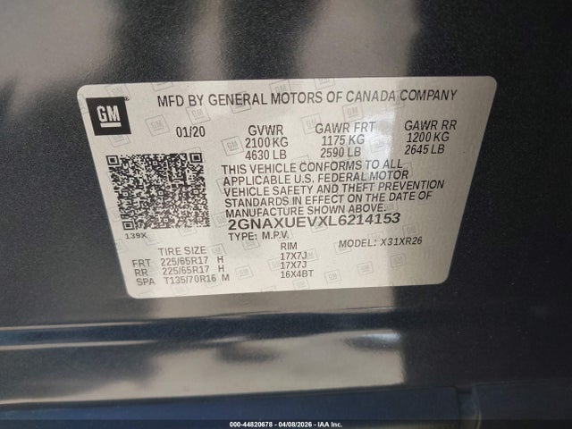 2020 Chevrolet Equinox Awd Lt 1.5l Turbo მანქანა იყიდება აუქციონზე, vin: 2GNAXUEVXL6214153, აუქციონის ნომერი: 44820678