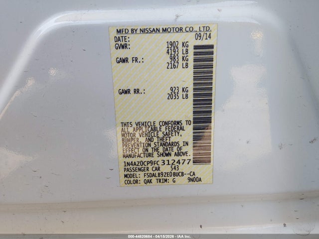 Продажа на аукционе авто 2015 Nissan Leaf S, vin: 1N4AZ0CP9FC312477, номер лота: 44820684