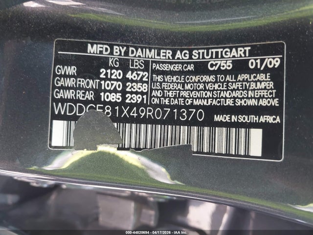 44820694 :رقم المزاد ، WDDGF81X49R071370 vin ، 2009 Mercedes-benz C 300 Luxury 4matic/sport 4matic مزاد بيع