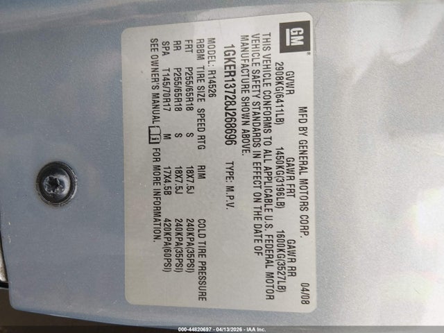 44820697 :رقم المزاد ، 1GKER13728J268696 vin ، 2008 Gmc Acadia Sle-1 مزاد بيع