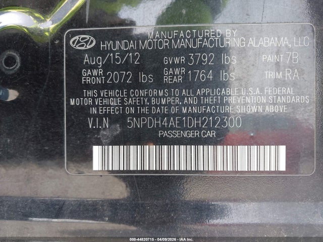 2013 Hyundai Elantra Limited მანქანა იყიდება აუქციონზე, vin: 5NPDH4AE1DH212300, აუქციონის ნომერი: 44820715