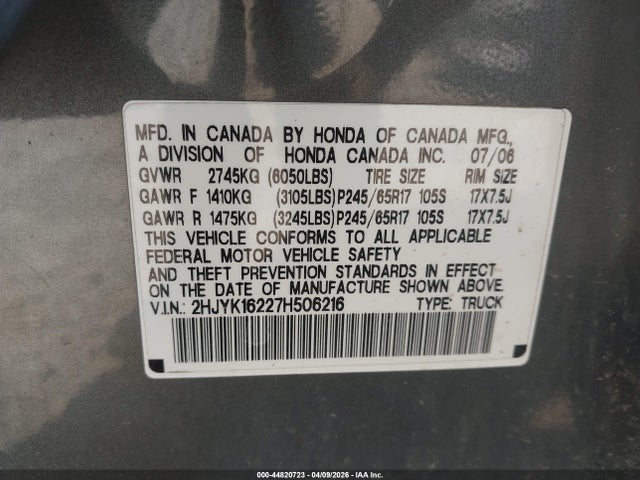 2007 Honda Ridgeline Rt მანქანა იყიდება აუქციონზე, vin: 2HJYK16227H506216, აუქციონის ნომერი: 44820723