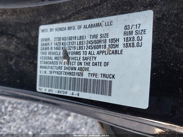2017 Honda Ridgeline Rtl-e მანქანა იყიდება აუქციონზე, vin: 5FPYK3F7XHB031926, აუქციონის ნომერი: 44820728