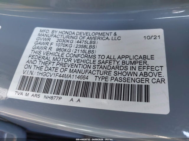 2021 Honda Accord Sport Special Edition მანქანა იყიდება აუქციონზე, vin: 1HGCV1F44MA114664, აუქციონის ნომერი: 44820732