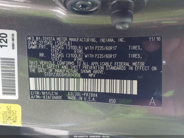 5TDYZ3DC6HS804908 Toyota Sienna Xle 8 Passenger