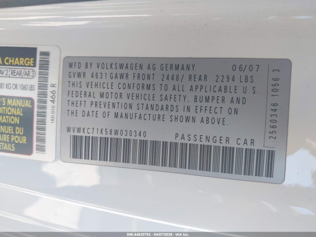 44820793 :رقم المزاد ، WVWKC71K58W030340 vin ، 2008 Volkswagen R32 مزاد بيع
