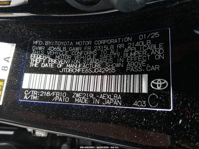 Продажа на аукционе авто 2025 Toyota Corolla Hybrid Le, vin: JTDBCMFE6SJ042955, номер лота: 44820801