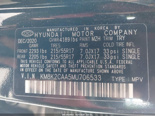 44820803 :رقم المزاد ، KM8K2CAA5MU706533 vin ، 2021 Hyundai Kona Sel مزاد بيع