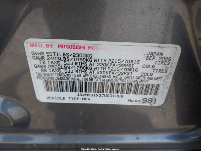 Продажа на аукционе авто 2007 Mitsubishi Outlander Es/ls, vin: JA4MS31X37U001388, номер лота: 44820808