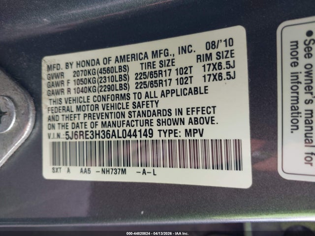 44820824 :رقم المزاد ، 5J6RE3H36AL044149 vin ، 2010 Honda Cr-v Lx مزاد بيع