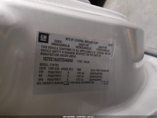 Aukcja sprzedaży 2007 Gmc Sierra 1500 Sle1, vin: 1GTEC19J07Z640049, numer aukcji: 44820866