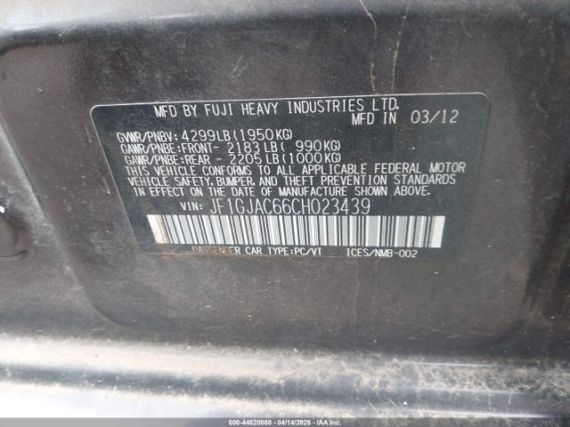 Продажа на аукционе авто 2012 Subaru Impreza 2.0i Premium, vin: JF1GJAC66CH023439, номер лота: 44820868