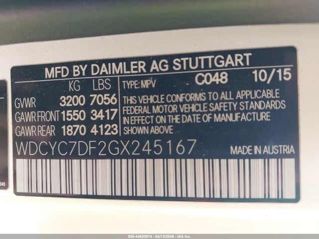 44820874 :رقم المزاد ، WDCYC7DF2GX245167 vin ، 2016 Mercedes-benz Amg G 63 4matic مزاد بيع
