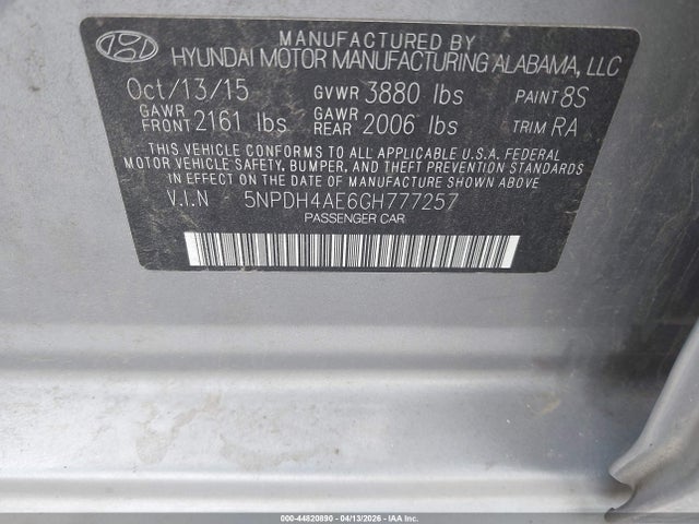 2016 Hyundai Elantra Se მანქანა იყიდება აუქციონზე, vin: 5NPDH4AE6GH777257, აუქციონის ნომერი: 44820890