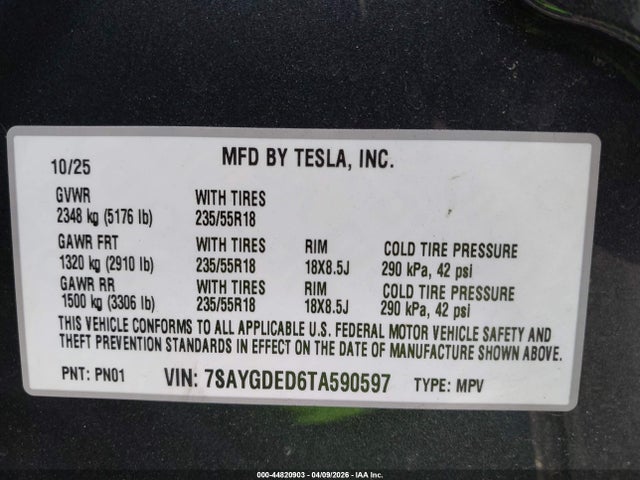 7SAYGDED6TA590597 Tesla Model Y Premium Rear-wheel Drive/standard Rear-wheel Drive