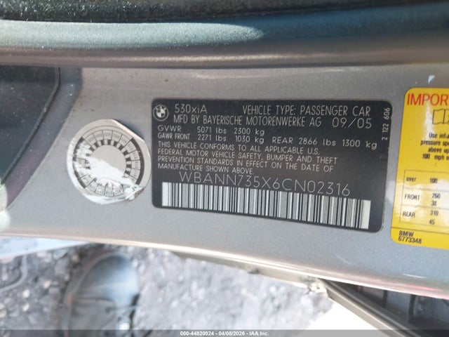 2006 Bmw 530xit მანქანა იყიდება აუქციონზე, vin: WBANN735X6CN02316, აუქციონის ნომერი: 44820924