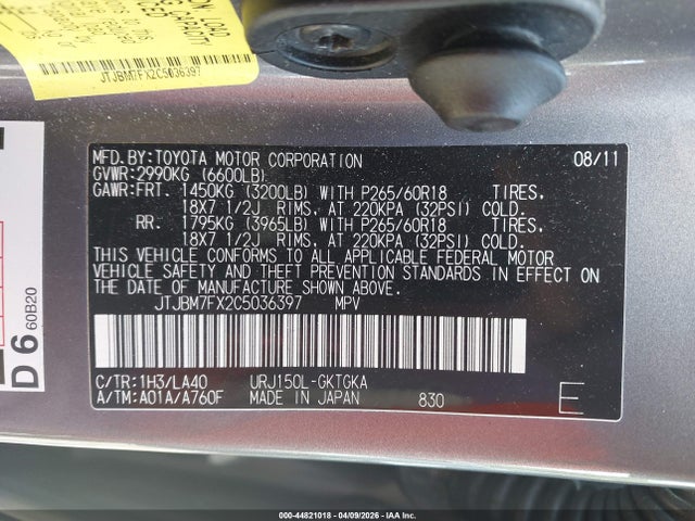 44821018 :رقم المزاد ، JTJBM7FX2C5036397 vin ، 2012 Lexus Gx 460 مزاد بيع