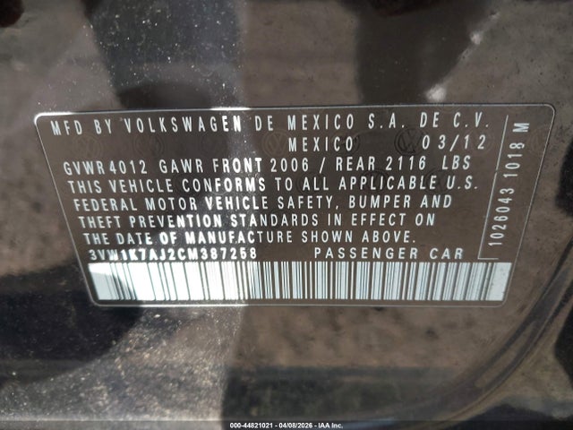 Продаж на аукціоні авто 2012 Volkswagen Jetta 2.0l S, vin: 3VW1K7AJ2CM387258, номер лоту: 44821021