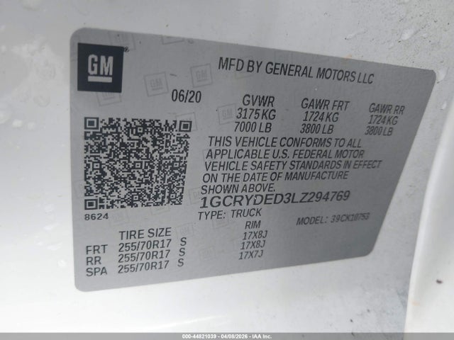 44821039 :رقم المزاد ، 1GCRYDED3LZ294769 vin ، 2020 Chevrolet Silverado 1500 4wd  Standard Bed Lt مزاد بيع