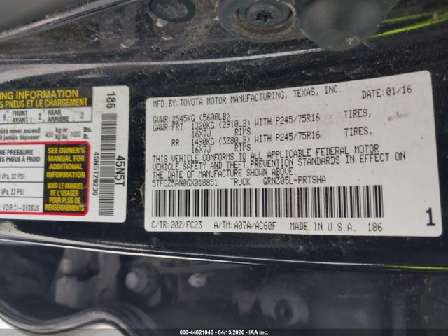 44821040 :رقم المزاد ، 5TFCZ5AN0GX018851 vin ، 2016 Toyota Tacoma Sr5 V6 مزاد بيع