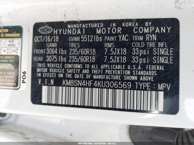 Продажа на аукционе авто 2019 Hyundai Santa Fe Xl Se, vin: KM8SN4HF4KU306569, номер лота: 44821044