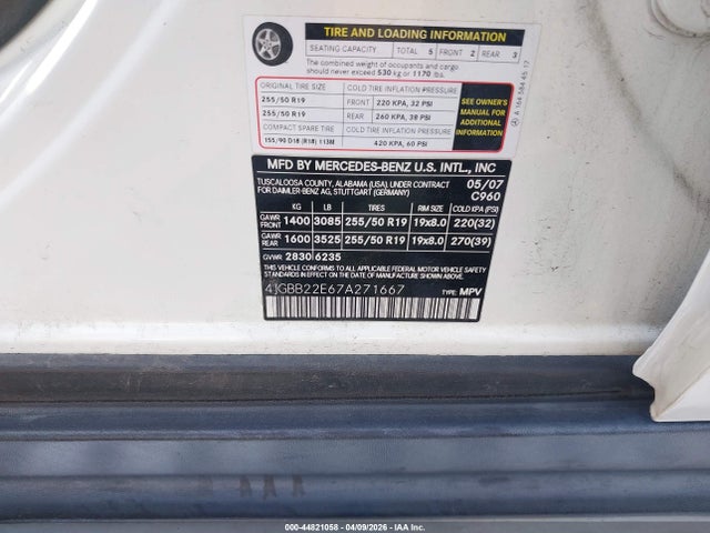 44821058 :رقم المزاد ، 4JGBB22E67A271667 vin ، 2007 Mercedes-benz Ml 320 Cdi 4matic مزاد بيع