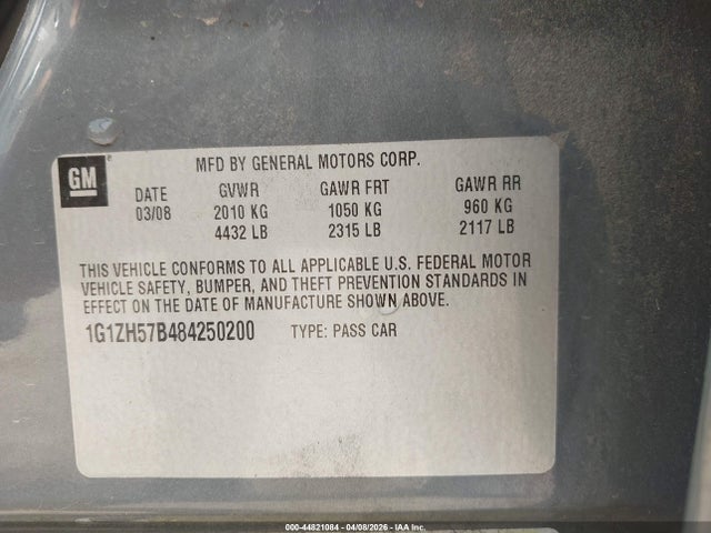 2008 Chevrolet Malibu Lt მანქანა იყიდება აუქციონზე, vin: 1G1ZH57B484250200, აუქციონის ნომერი: 44821084