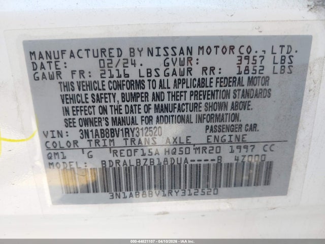 3N1AB8BV1RY312520 Nissan Sentra S Xtronic Cvt