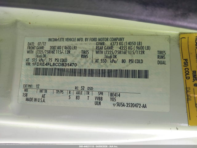 Auction sale of the 2012 Ford E-450 Cutaway, vin: 1FDXE4FL8CDB31470, lot number: 44821115