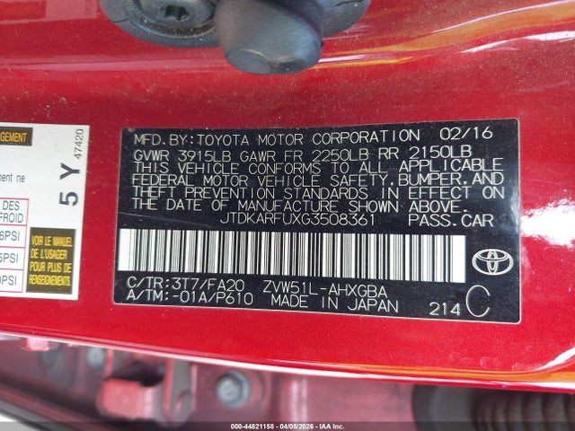 JTDKARFUXG3508361 Toyota Prius Three