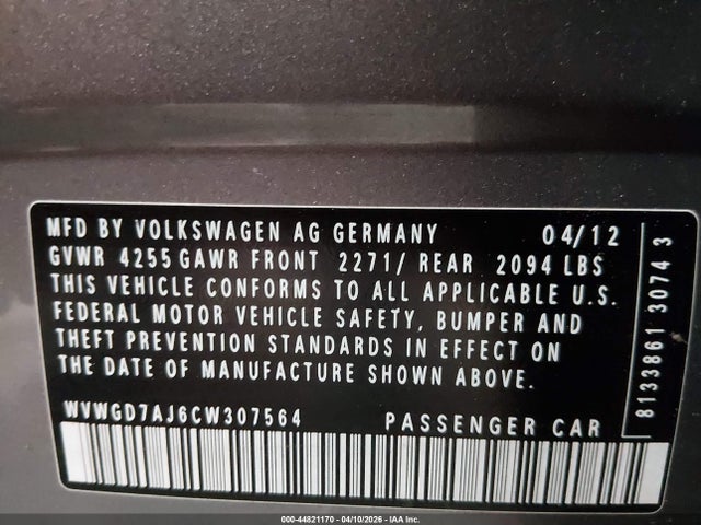 2012 Volkswagen Gti 4-door მანქანა იყიდება აუქციონზე, vin: WVWGD7AJ6CW307564, აუქციონის ნომერი: 44821170