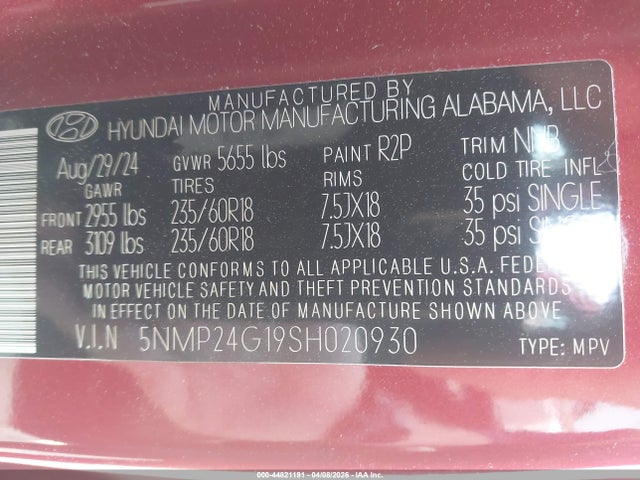 44821191 :رقم المزاد ، 5NMP24G19SH020930 vin ، 2025 Hyundai Santa Fe Hybrid Sel مزاد بيع