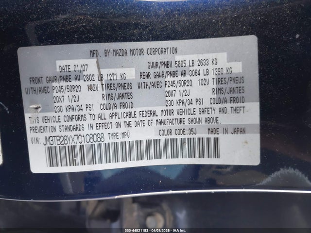 44821193 :رقم المزاد ، JM3TB28YX70108088 vin ، 2007 Mazda Cx-9 Grand Touring مزاد بيع