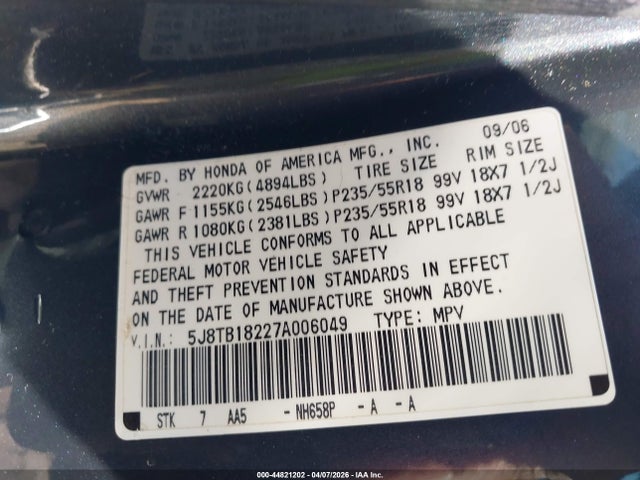 Aukcja sprzedaży 2007 Acura Rdx, vin: 5J8TB18227A006049, numer aukcji: 44821202
