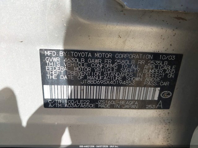 Aukcja sprzedaży 2004 Lexus Gs 300, vin: JT8BD69SX40194853, numer aukcji: 44821206