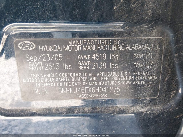 Aukcja sprzedaży 2006 Hyundai Sonata Gls V6/lx V6, vin: 5NPEU46FX6H041275, numer aukcji: 44821216