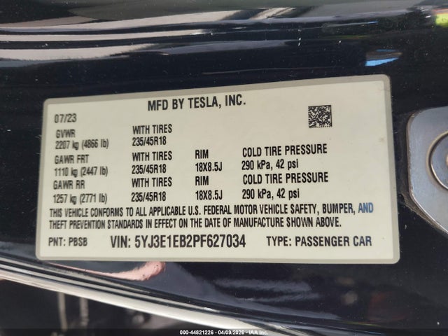 2023 Tesla Model 3 Long Range Dual Motor All-wheel Drive მანქანა იყიდება აუქციონზე, vin: 5YJ3E1EB2PF627034, აუქციონის ნომერი: 44821226