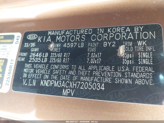 Продажа на аукционе авто 2017 Kia Sportage Lx, vin: KNDPM3ACXH7205034, номер лота: 44821237