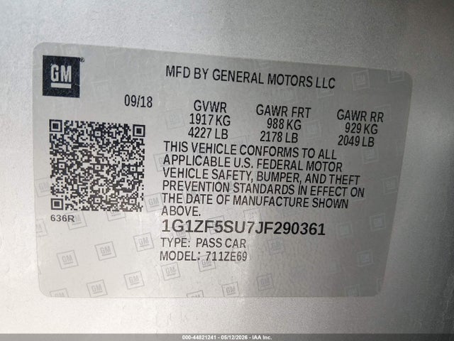 2018 Chevrolet Malibu Hybrid მანქანა იყიდება აუქციონზე, vin: 1G1ZF5SU7JF290361, აუქციონის ნომერი: 44821241