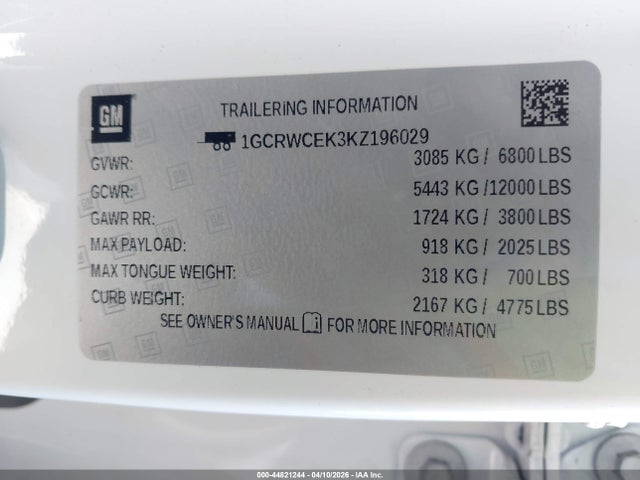 44821244 :رقم المزاد ، 1GCRWCEK3KZ196029 vin ، 2019 Chevrolet Silverado 1500 Lt مزاد بيع