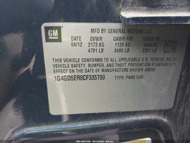 Aukcja sprzedaży 2012 Buick Lacrosse Premium 1 Group, vin: 1G4GD5ER8CF335799, numer aukcji: 44821250