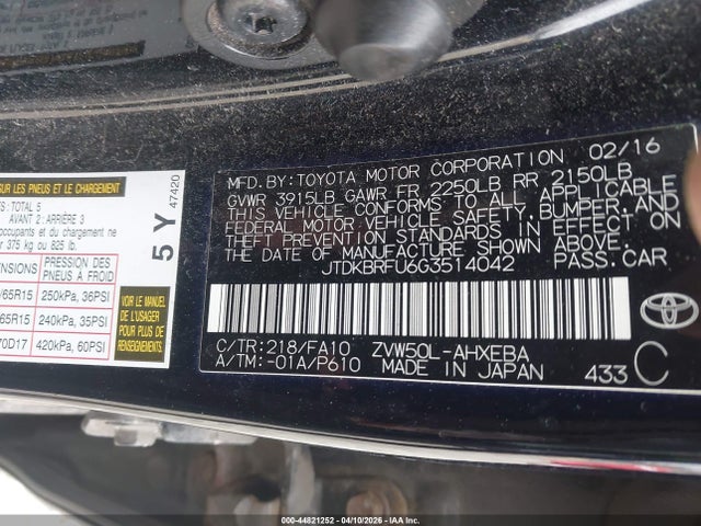 2016 Toyota Prius Two მანქანა იყიდება აუქციონზე, vin: JTDKBRFU6G3514042, აუქციონის ნომერი: 44821252