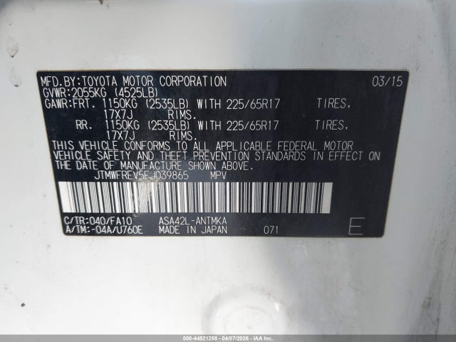 Aukcja sprzedaży 2015 Toyota Rav4 Xle, vin: JTMWFREV5FJ039865, numer aukcji: 44821258