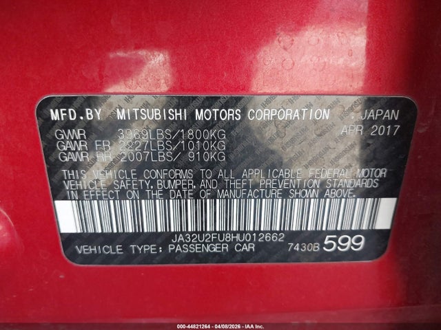 JA32U2FU8HU012662 Mitsubishi LANCER ES