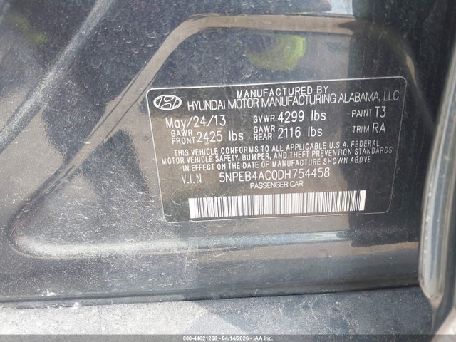 2013 Hyundai Sonata Gls მანქანა იყიდება აუქციონზე, vin: 5NPEB4AC0DH754458, აუქციონის ნომერი: 44821268