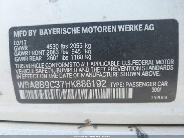 Aukcja sprzedaży 2017 Bmw 330i, vin: WBA8B9C37HK886192, numer aukcji: 44821293